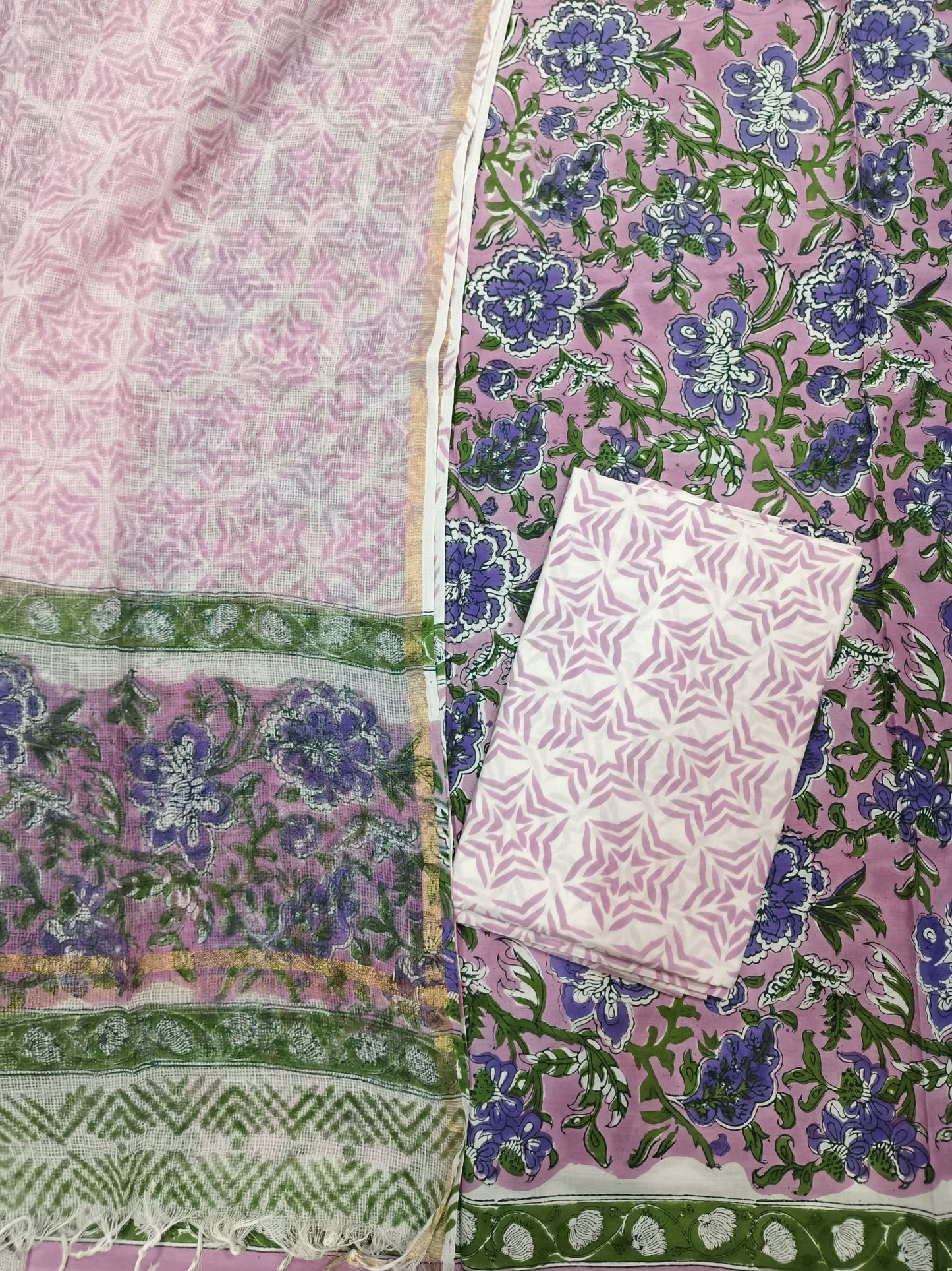 Block printed suit set with Kota Doria Dupatta