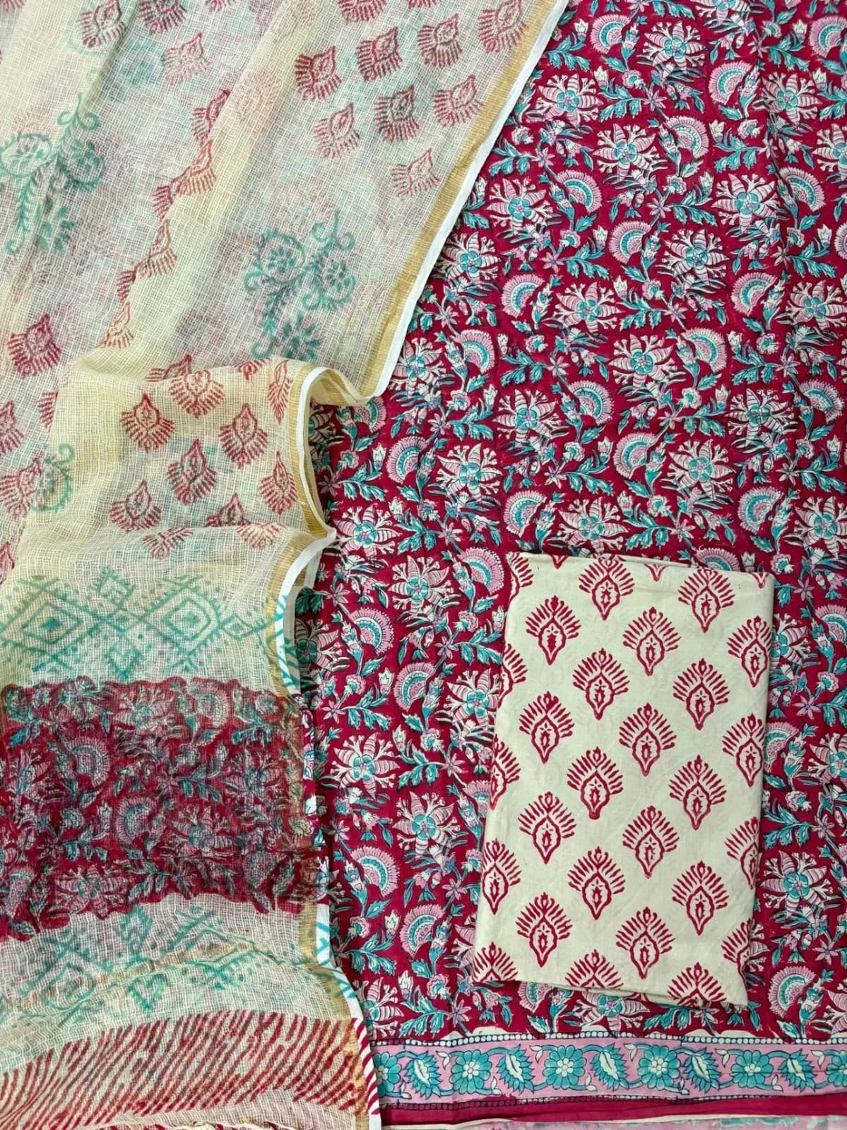 Block printed suit set with Kota Doriya Duppata
