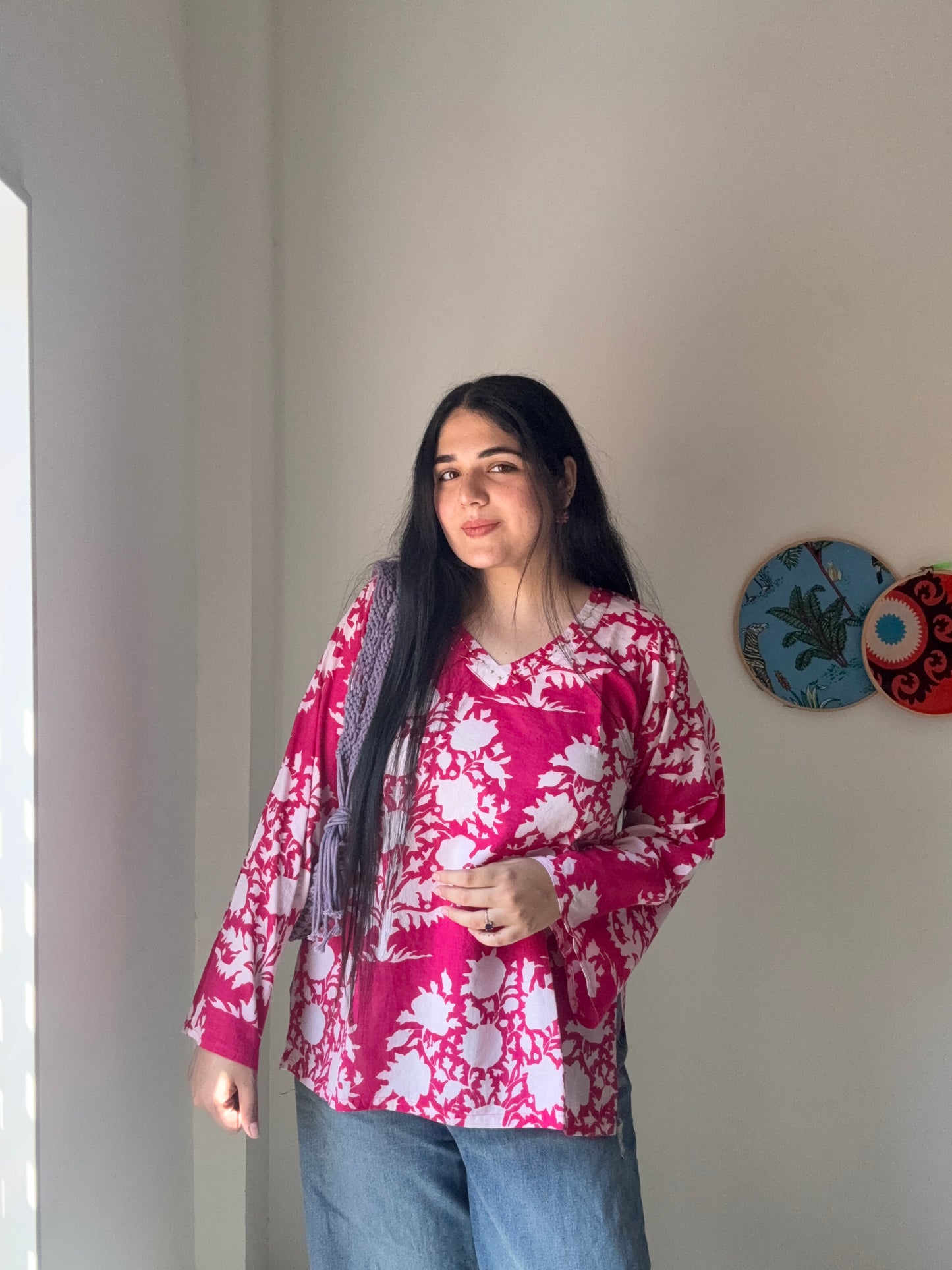 Hot pink v neck short kurta