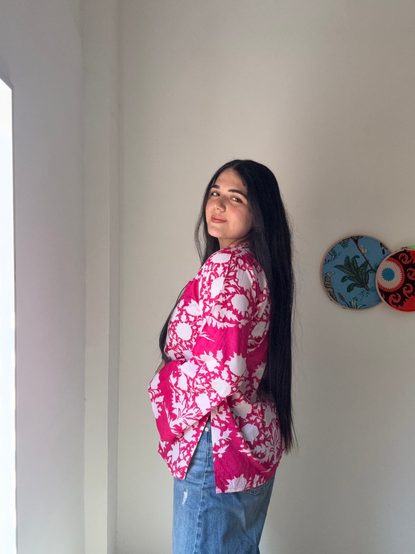 Hot pink v neck short kurta