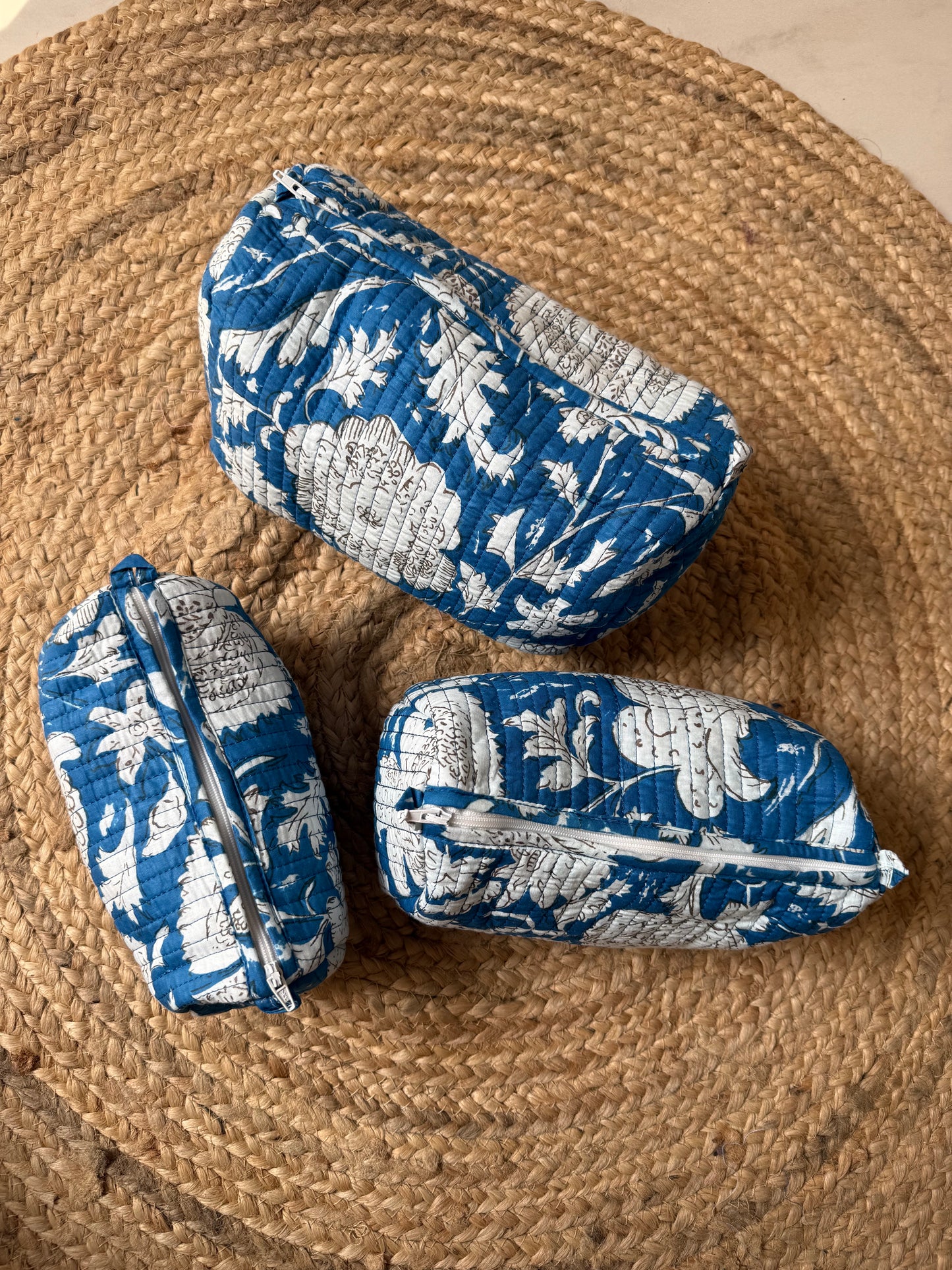 Indigo makeup/cosmetic/toiletry pouches
