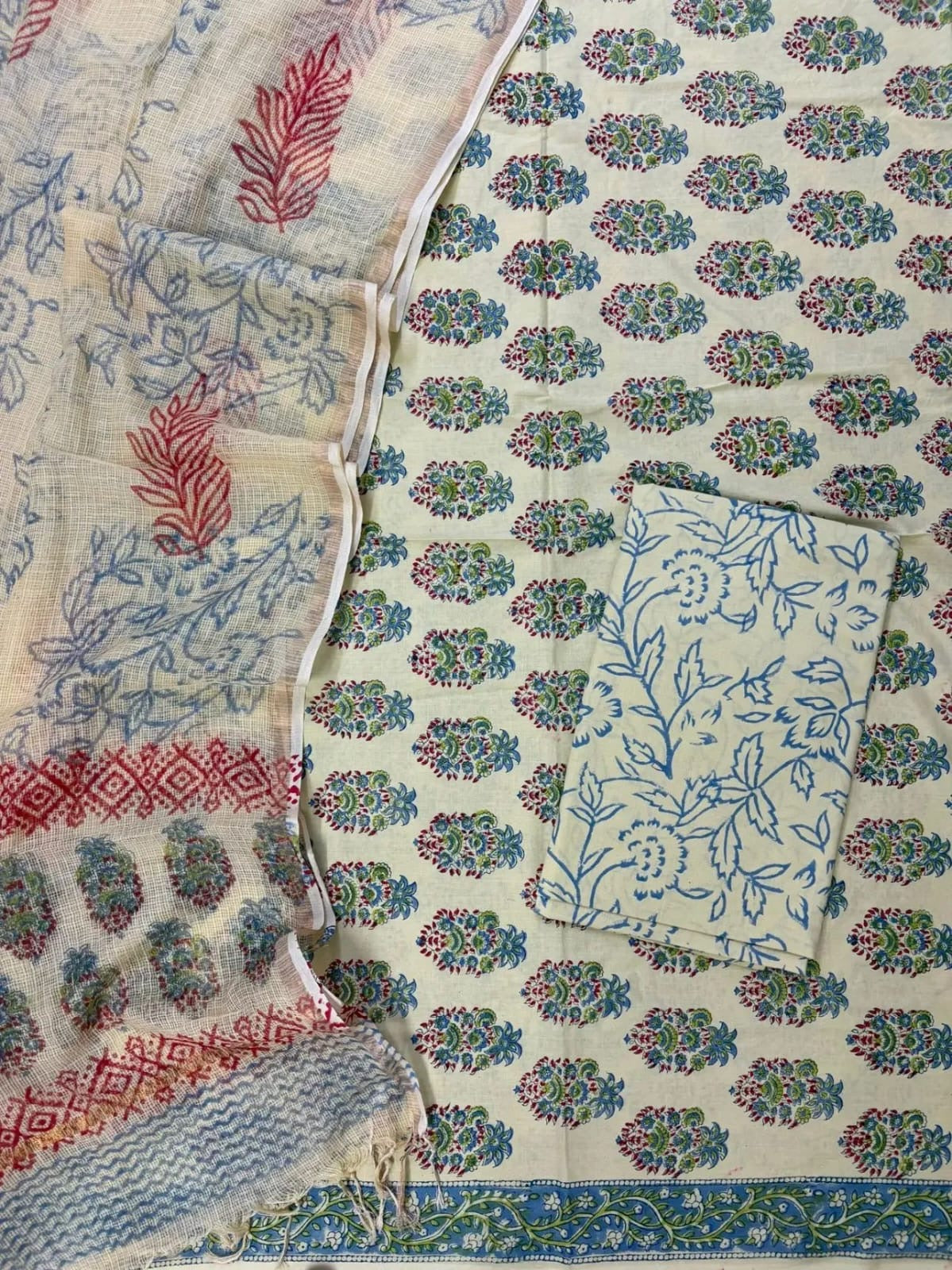 Block printed suit set with Kota Doriya Duppata