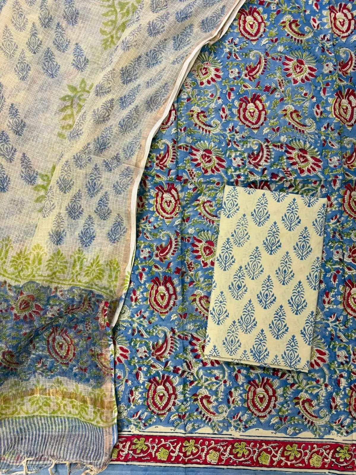 Block printed suit set with Kota Doriya duppata