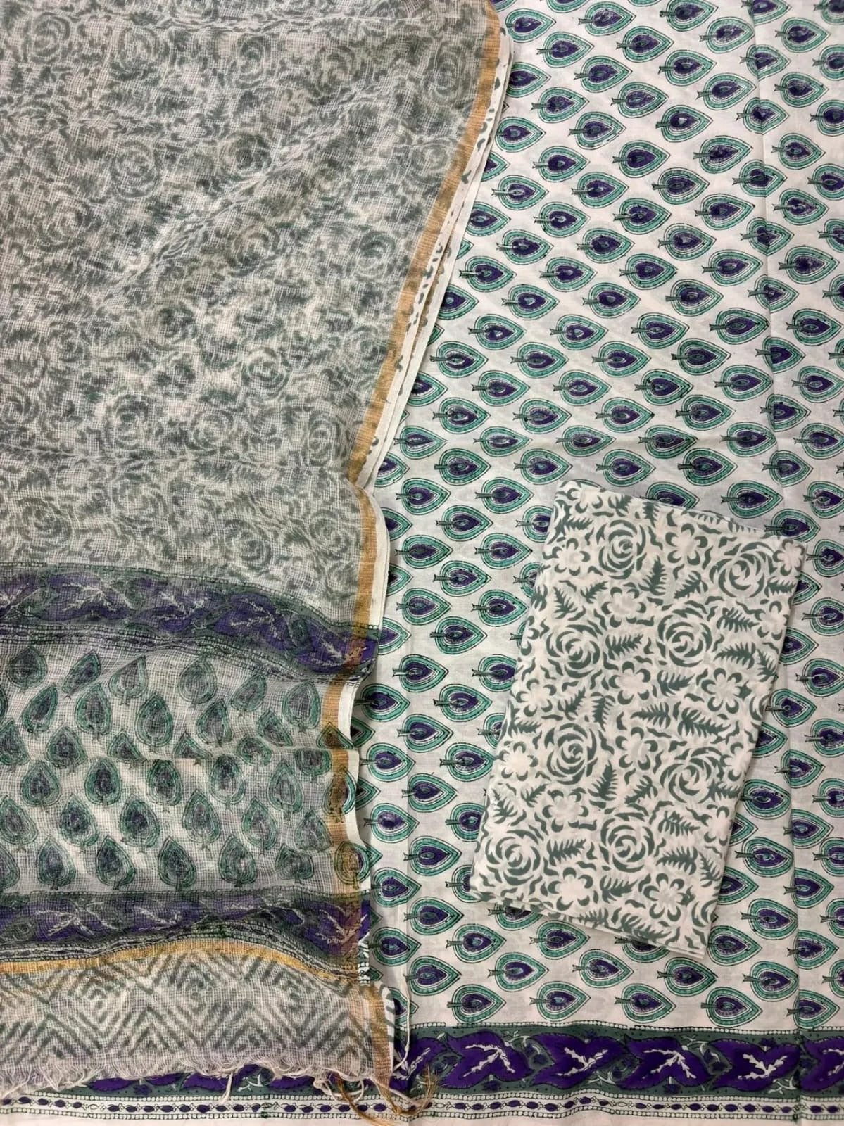 Block printed suit set with Kota Doriya Duppata