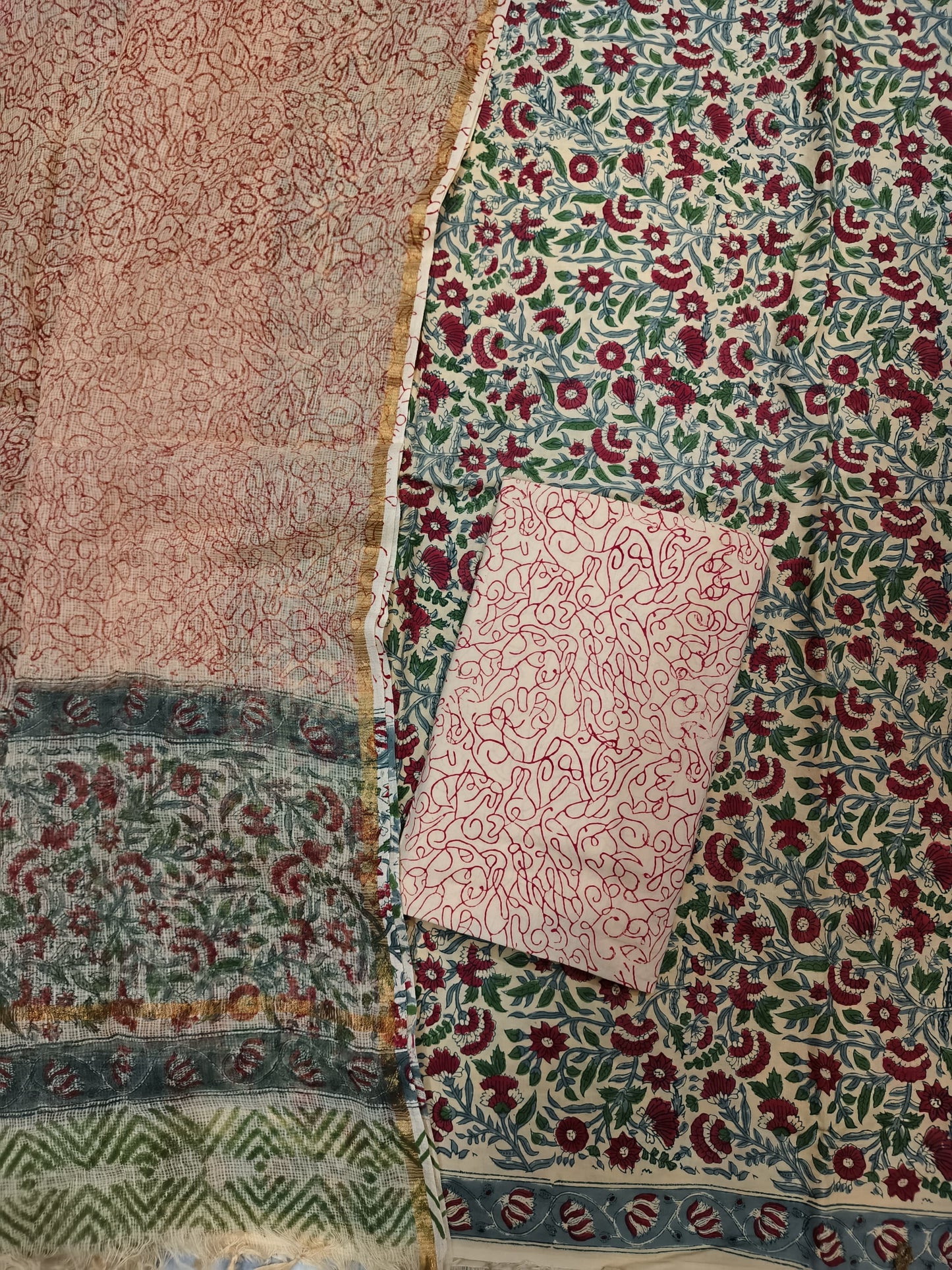 Block printed suit set with Kota Doriya Duppata
