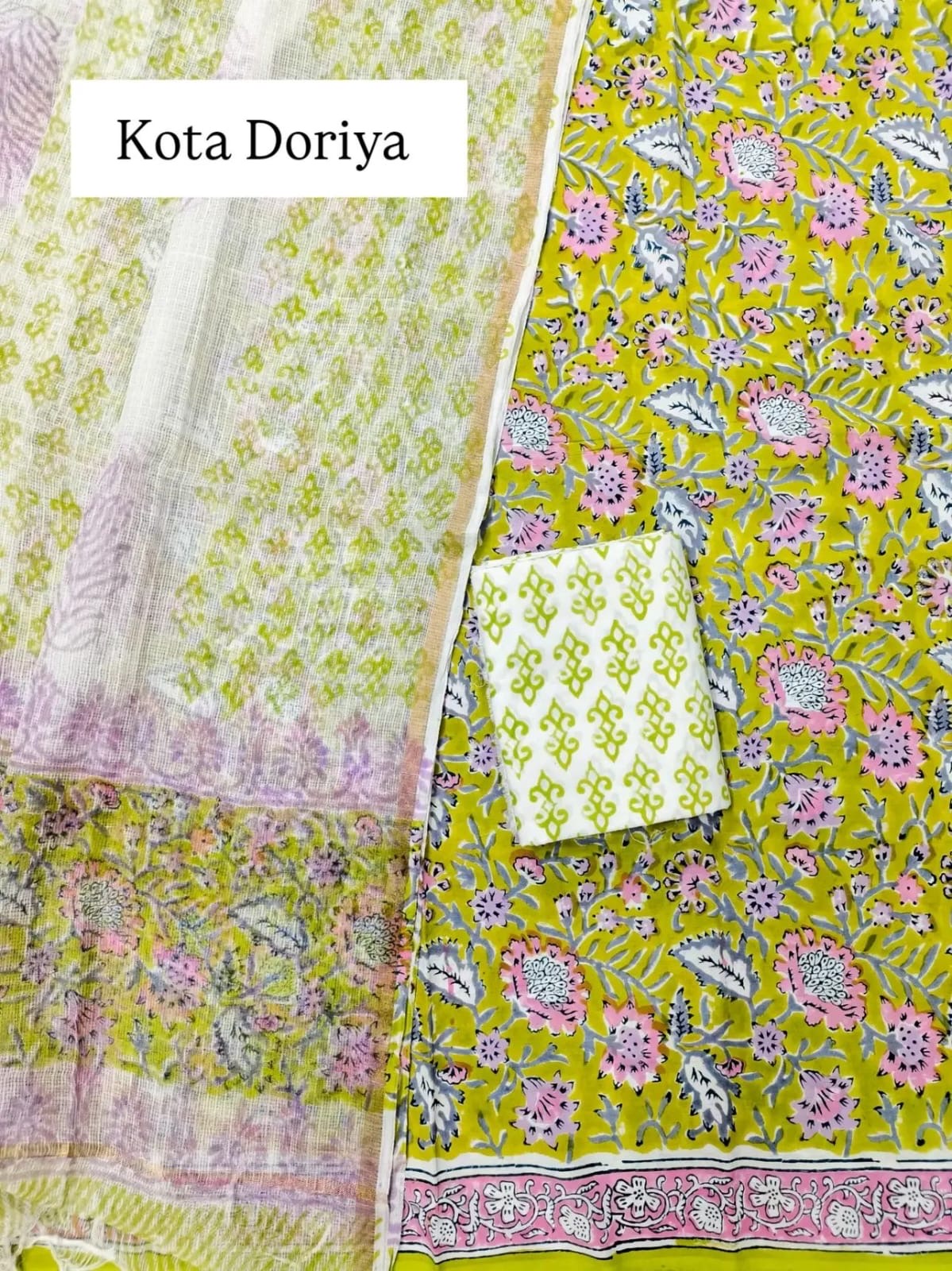 Block printed suit set with Kota Doria Dupatta