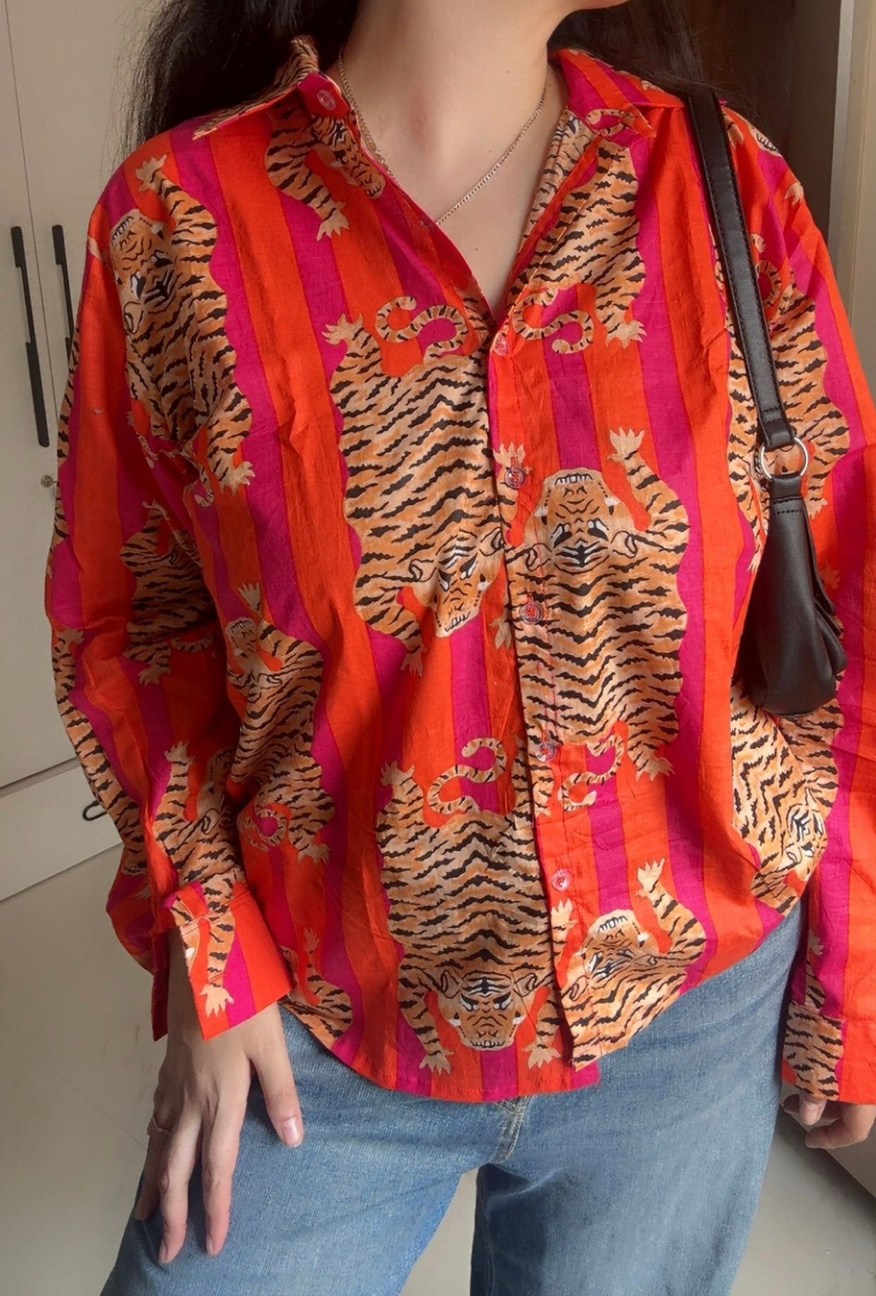 Orange and pink stripe tiger print shirt