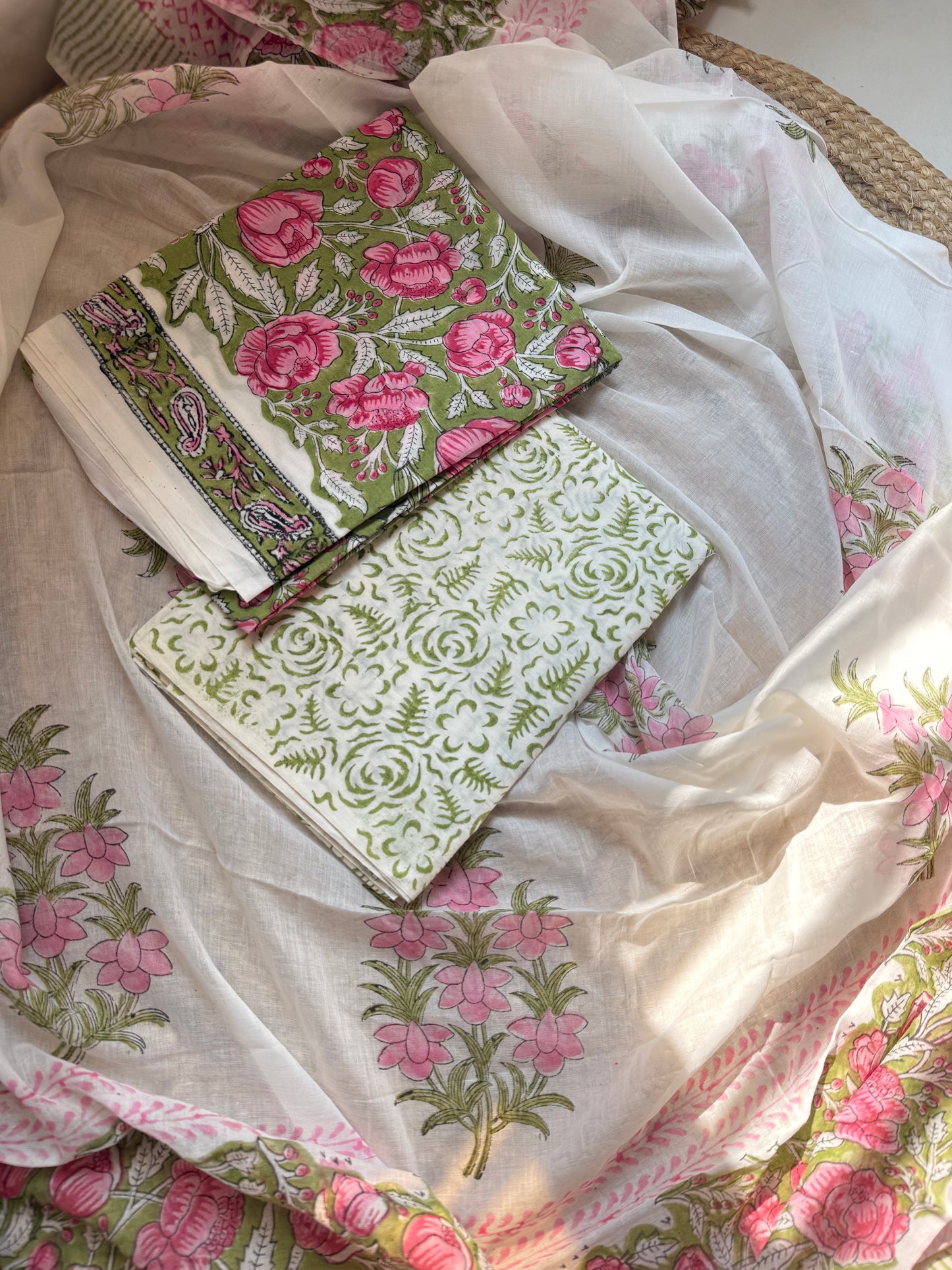 Green jaal print hand block printed suit