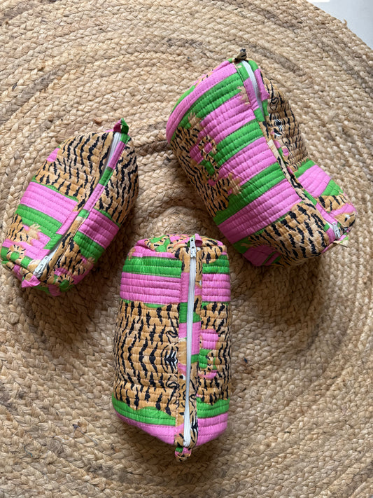 Tiger print with green and pink stripe Makeup/cosmetic/toiletry pouches
