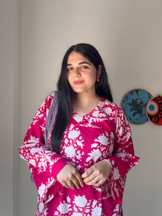 Hot pink v neck short kurta