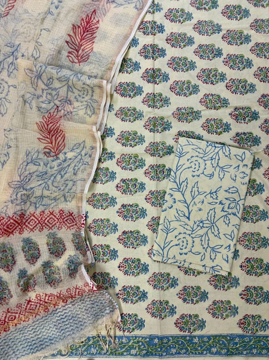 Block printed suit set with Kota Doriya Duppata