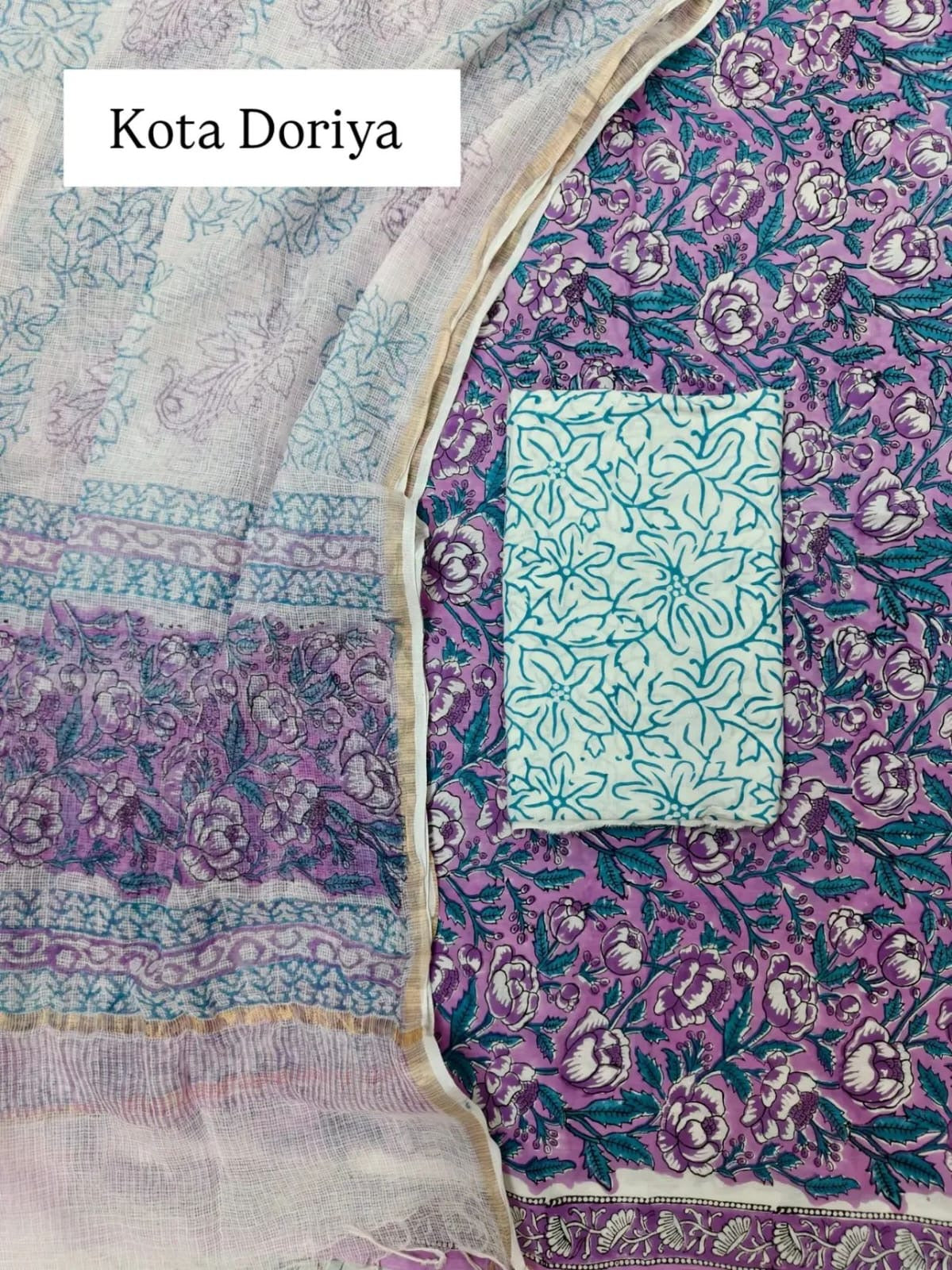 Block Printed suit set with Kota Doria Dupatta