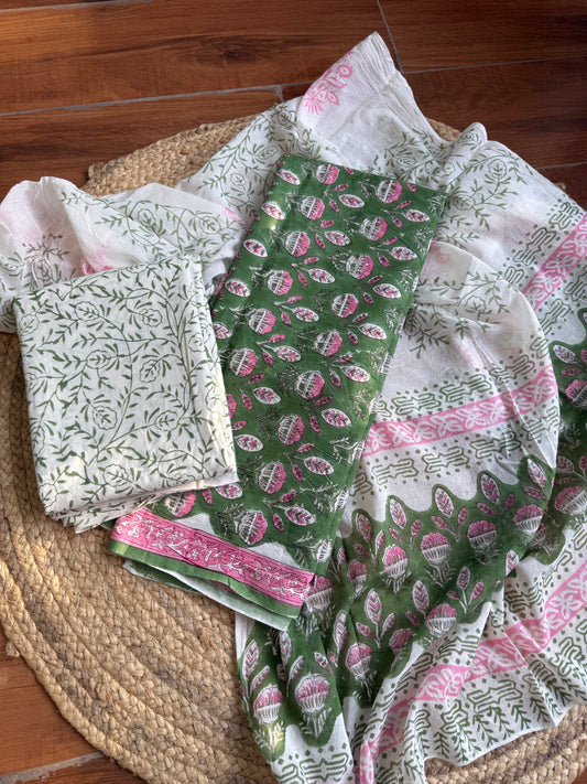 Green floral block printed suit set