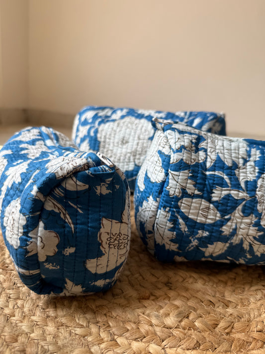Indigo makeup/cosmetic/toiletry pouches