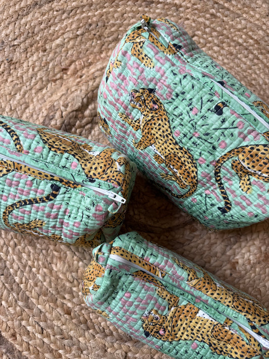 Leopard print mint green makeup/cosmetic/toiletry pouches