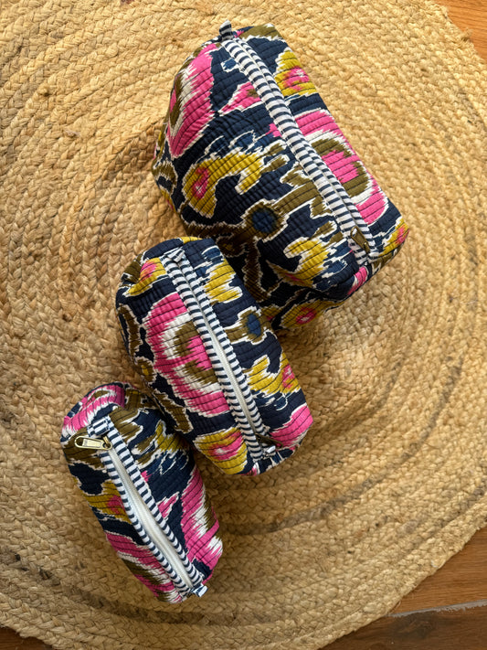 Navy blue ikkat print makeup/toiletry/cosmetic pouches