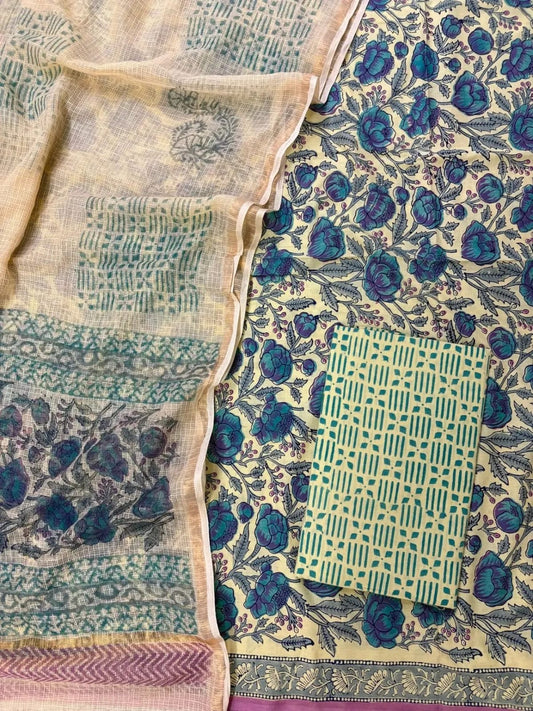 Block printed suit set with Kota Doriya Duppata