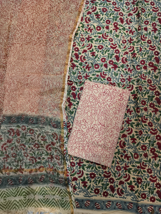 Block printed suit set with Kota Doriya Duppata