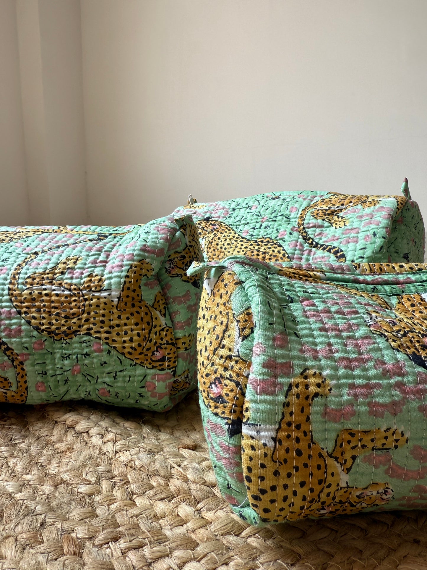 Leopard print mint green makeup/cosmetic/toiletry pouches
