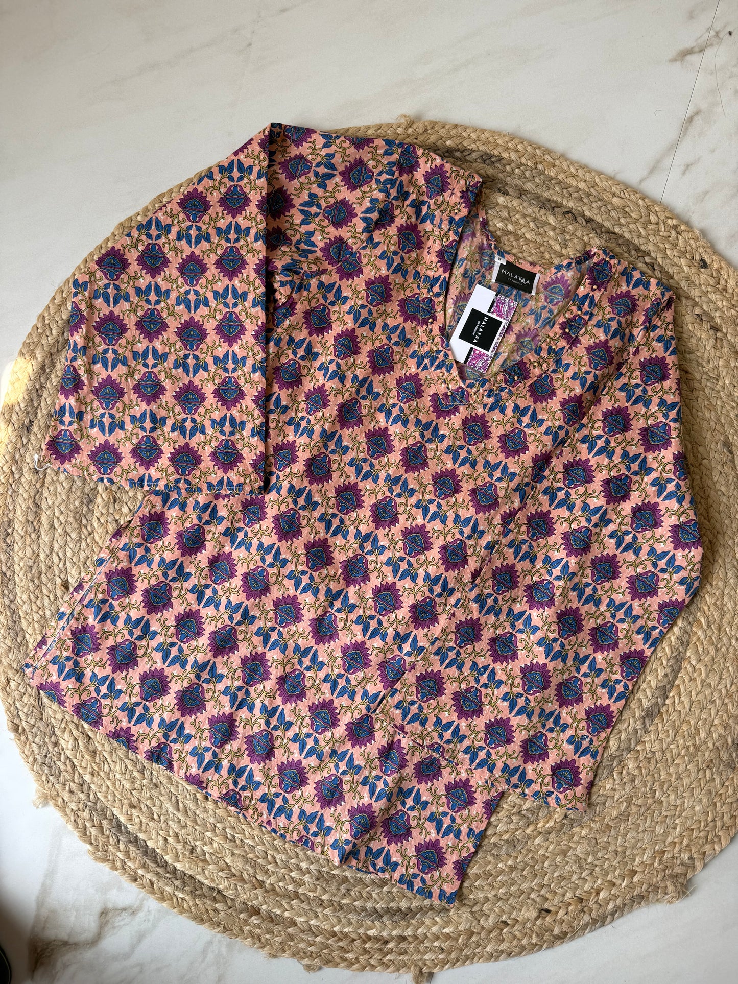 Peachy Katha emblished Kurti