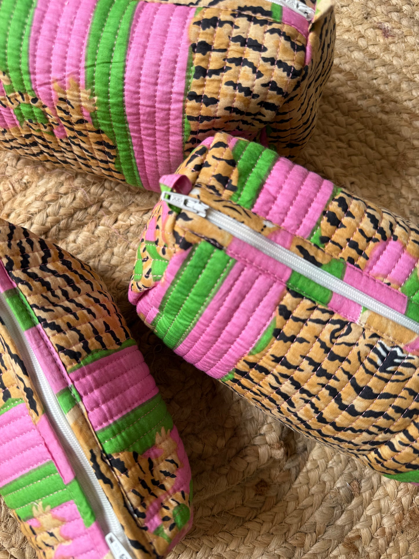 Tiger print with green and pink stripe Makeup/cosmetic/toiletry pouches