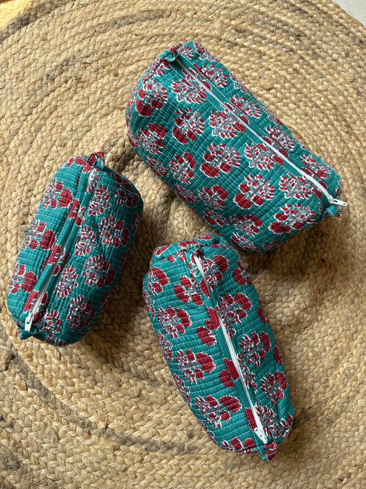 Red motifs on Rama green Makeup/cosmetics/toiletry pouches