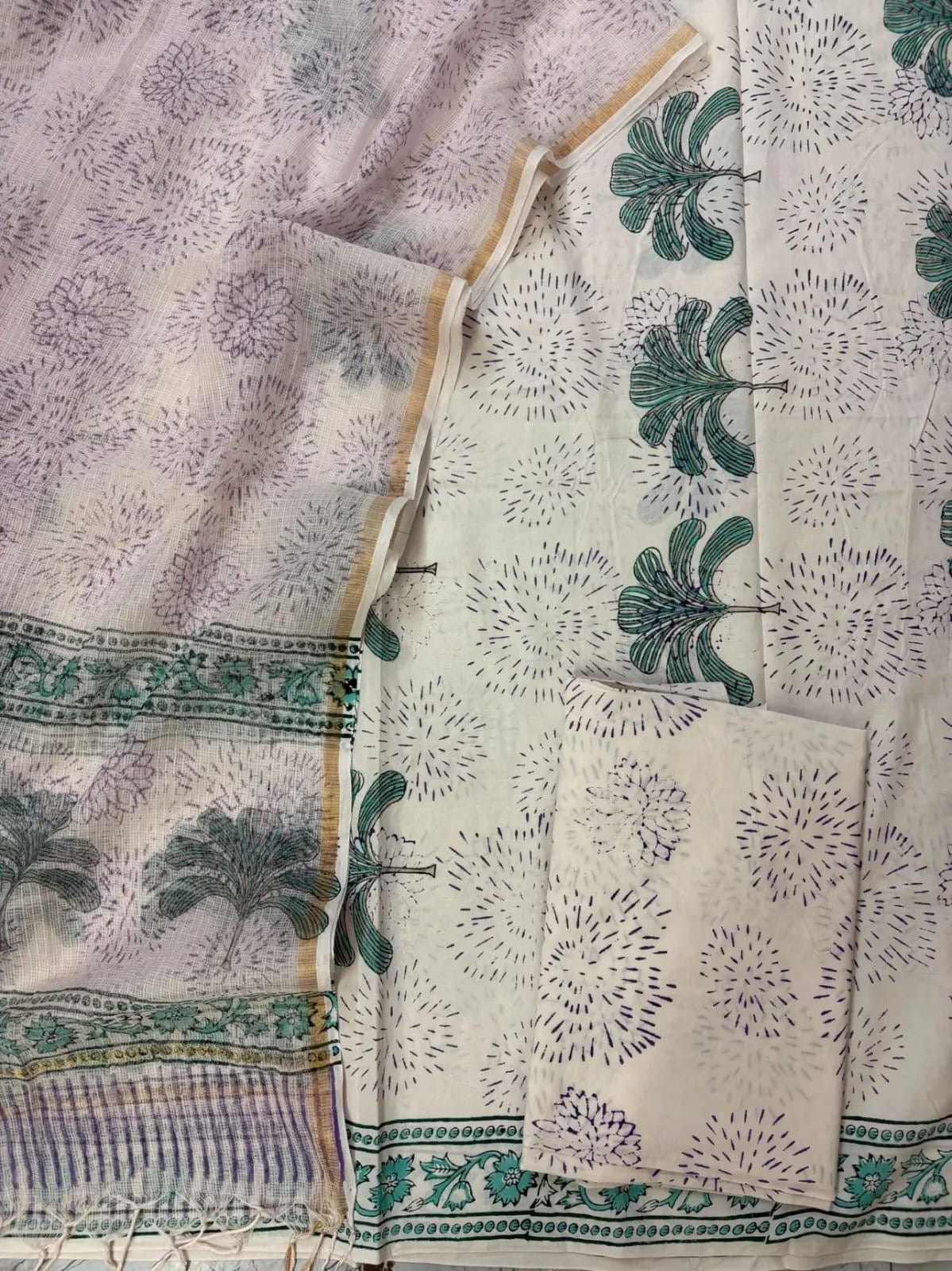 Block printed suit set with Kota Doria Dupatta