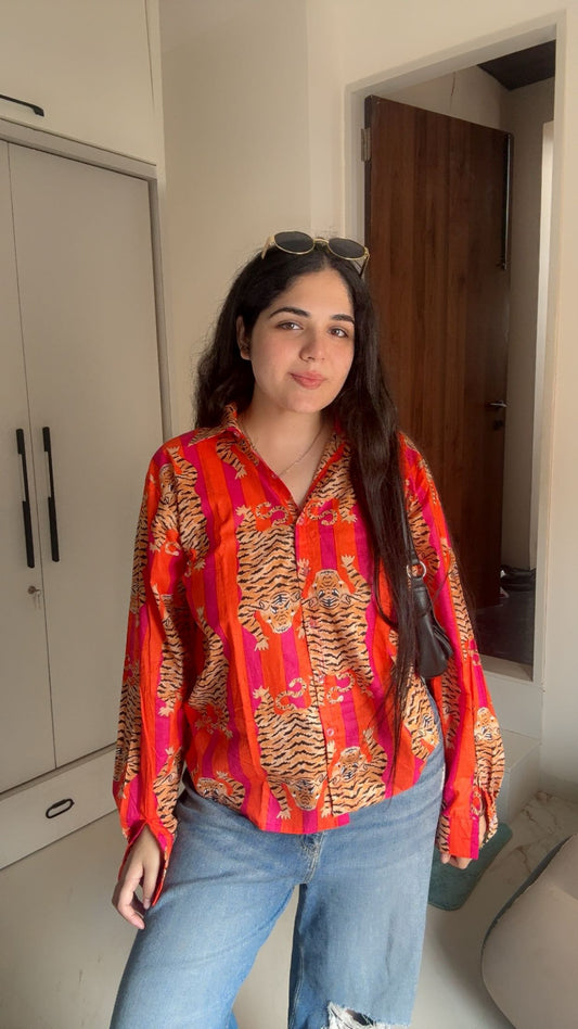 Orange and pink stripe tiger print shirt